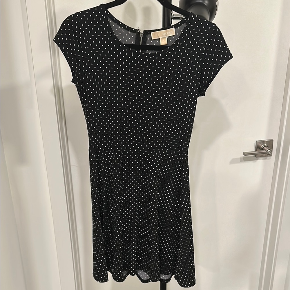 MICHAEL Michael Kors Black and White Fit and Flare Mini Dress with Crew Neck